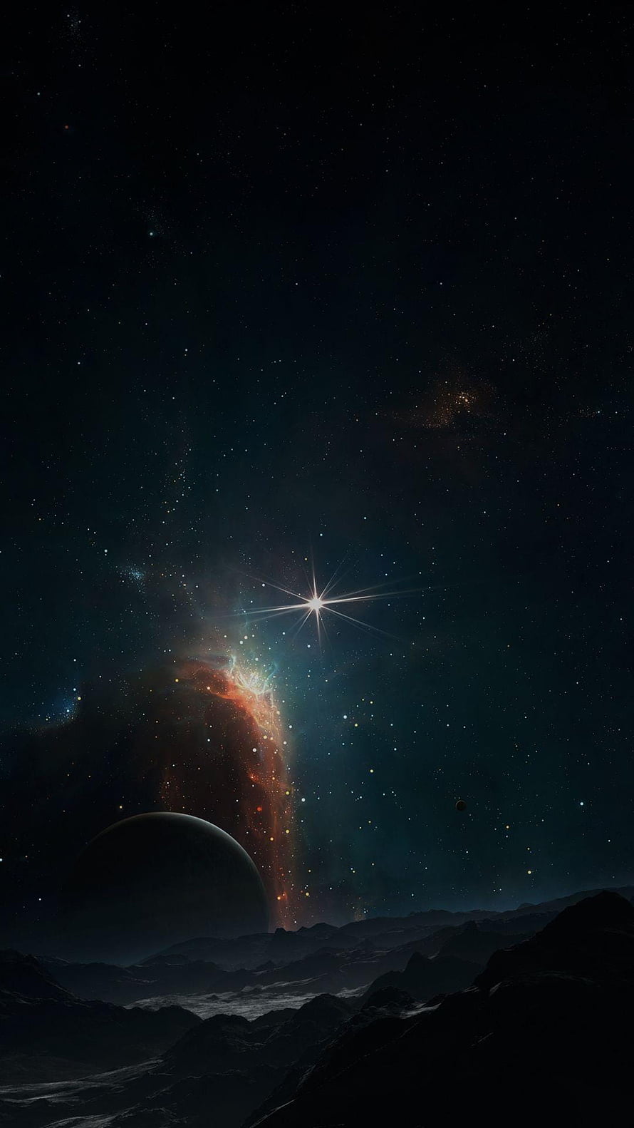 Stunning Space Wallpaper Featuring a Glowing Star, Colorful Nebula, and Rocky Alien Landscape HD phone wallpaper
