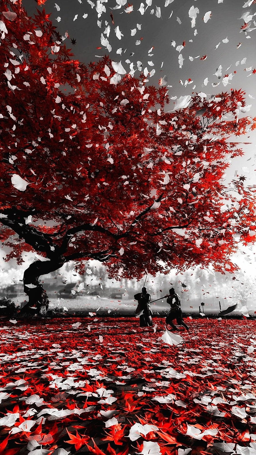 Ghost of Tsushima Samurai Duel Under Crimson Maple Tree HD phone wallpaper