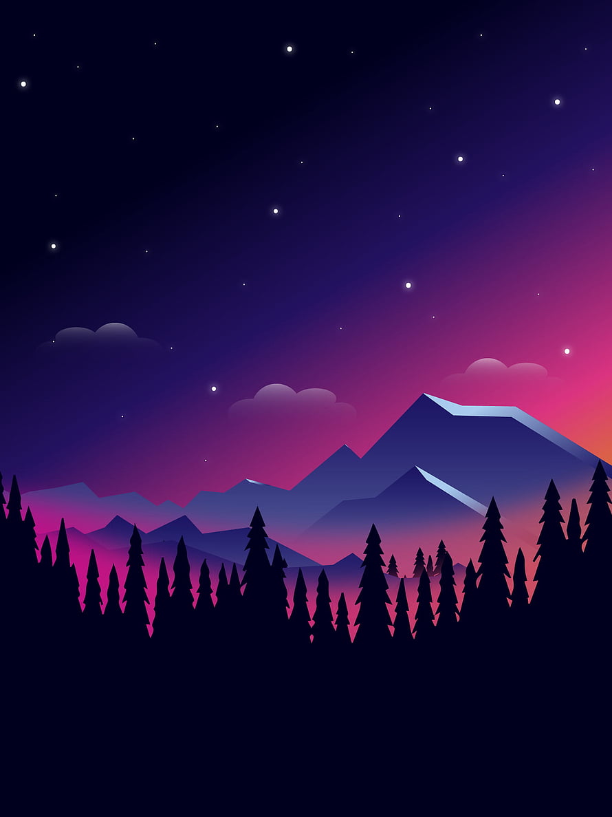 Starry Night Mountain Landscape With Pine Forest Silhouette And Purple Sky HD phone wallpaper