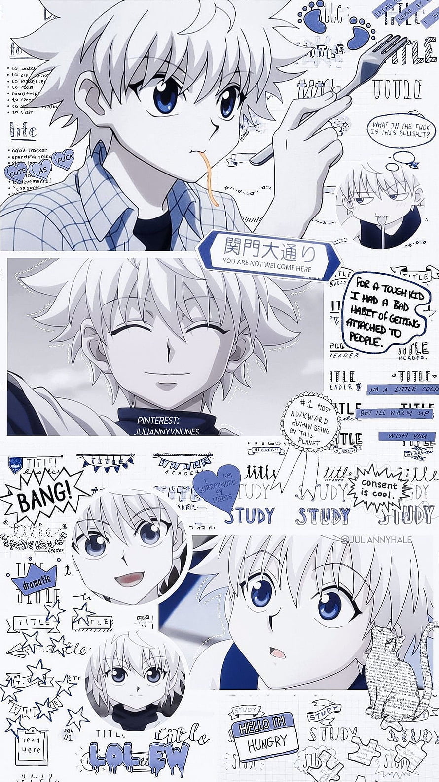 Killua Zoldyck from Hunter x Hunter in a Blue and White Aesthetic Collage HD phone wallpaper
