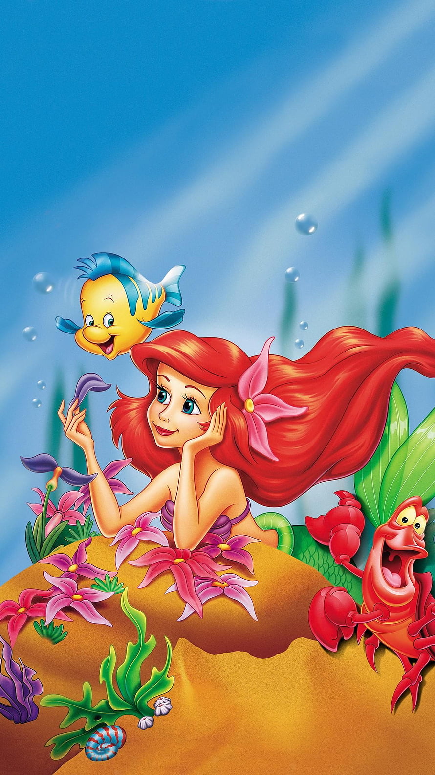 Ariel, Flounder, and Sebastian in a Vibrant Underwater Scene from The Little Mermaid HD phone wallpaper
