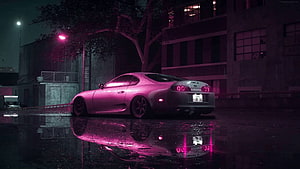 Pink Toyota Supra A80 parked on wet street at night with neon lights and reflections HD wallpaper