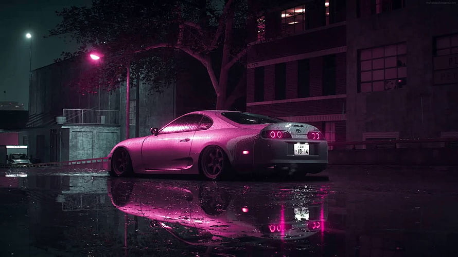 Pink Toyota Supra A80 parked on wet street at night with neon lights and reflections HD wallpaper