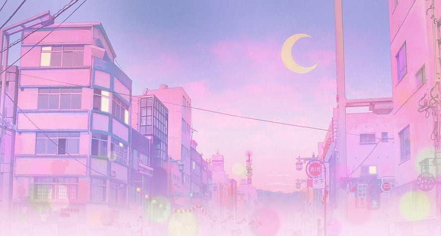 Dreamy Pink Japanese Cityscape with Crescent Moon and Soft Pastel Sky HD wallpaper