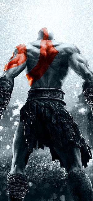 Kratos from God of War standing in the rain with red war paint and leather armor HD phone wallpaper