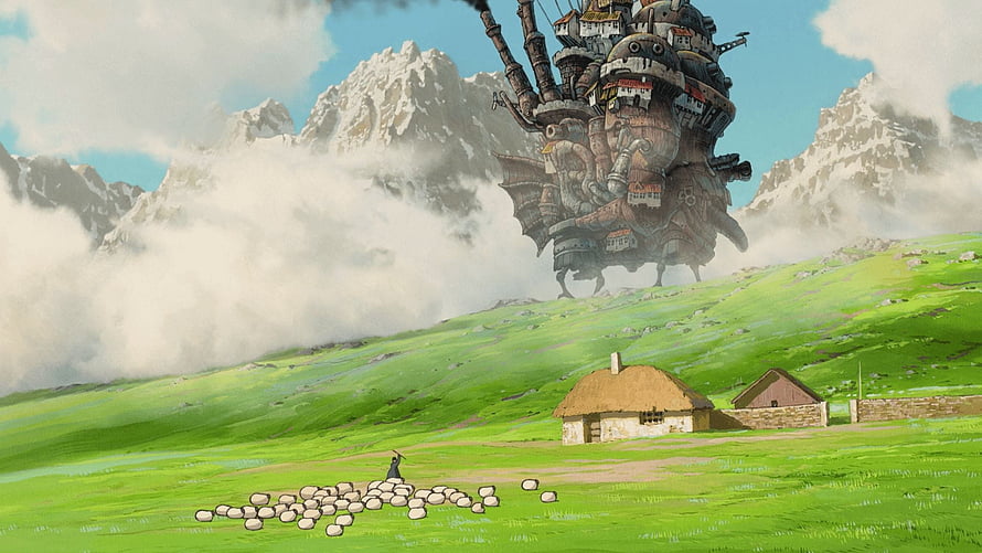 Howl's Moving Castle Stepping Through Misty Green Hills and Snowy Peaks HD wallpaper