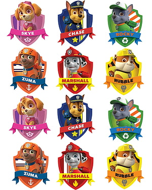 Paw Patrol Character Badges Featuring Chase, Skye, Rocky, Zuma, Marshall, and Rubble in Colorful Shield Emblems HD phone wallpaper