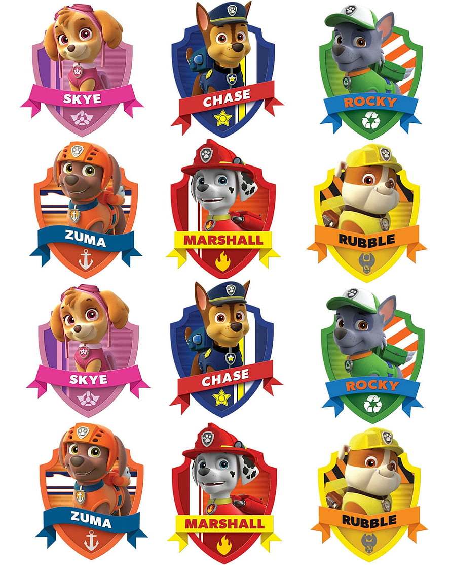 Paw Patrol Character Badges Featuring Chase, Skye, Rocky, Zuma, Marshall, and Rubble in Colorful Shield Emblems HD phone wallpaper