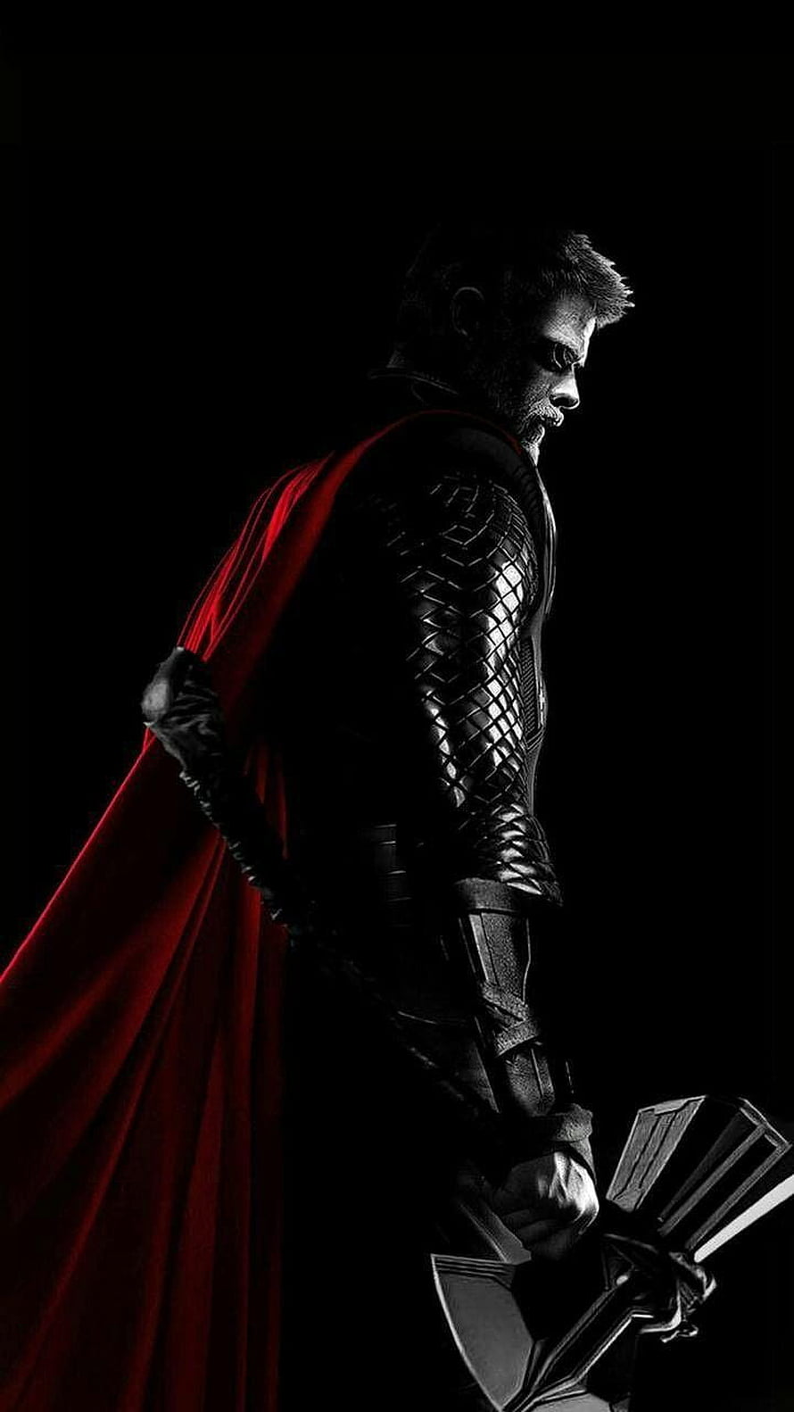 Thor God of Thunder Holding Stormbreaker Axe with Red Cape in Dark Cinematic Profile HD phone wallpaper