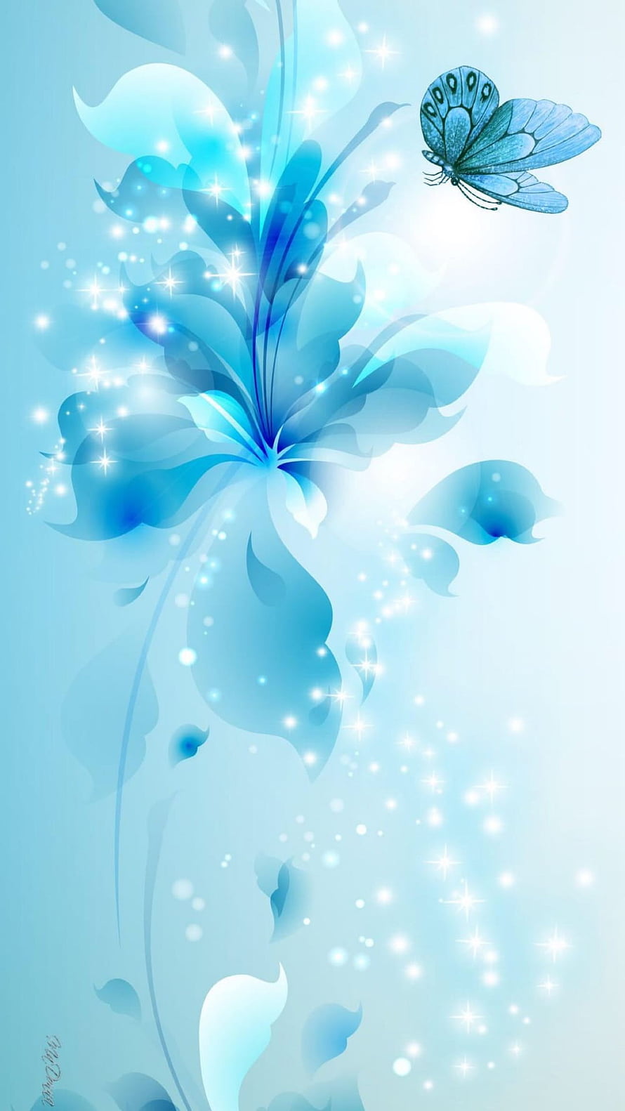 Ethereal Blue Butterfly and Floral Abstract Artwork with Sparkling Light Effects HD phone wallpaper