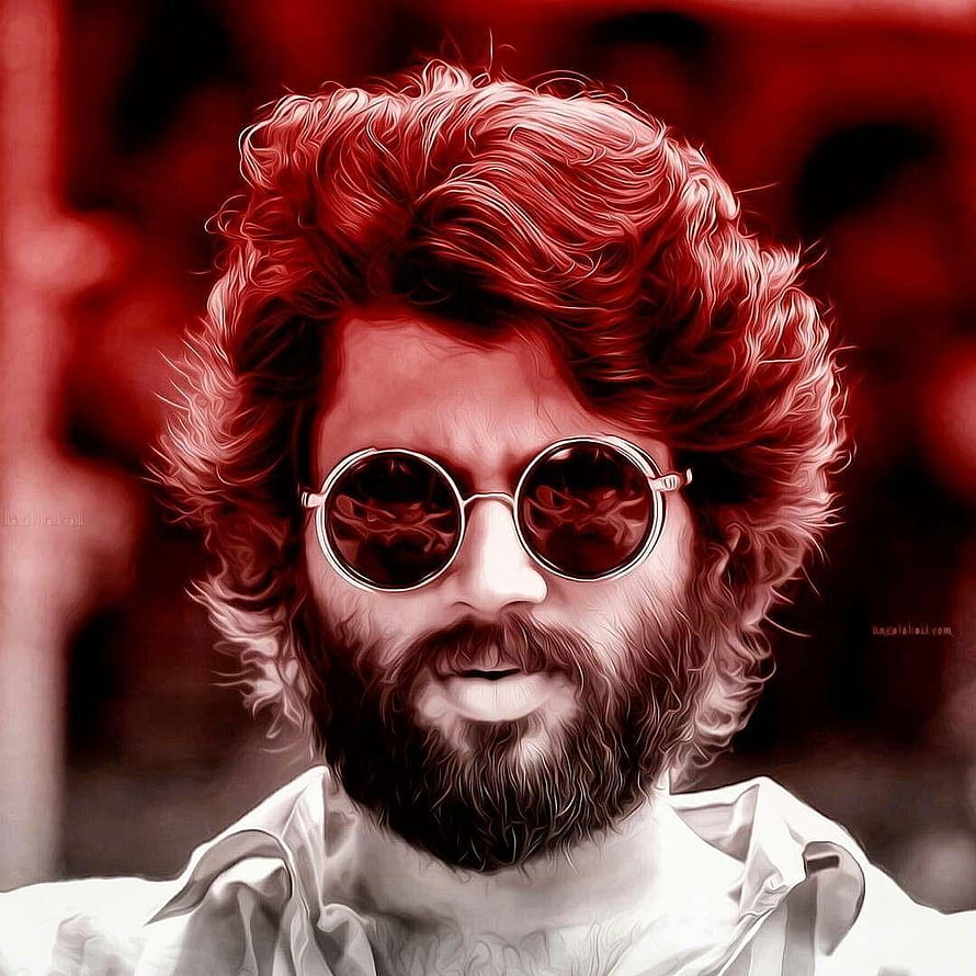 Arjun Reddy stylized portrait with curly hair and round sunglasses in red monochrome tones HD phone wallpaper
