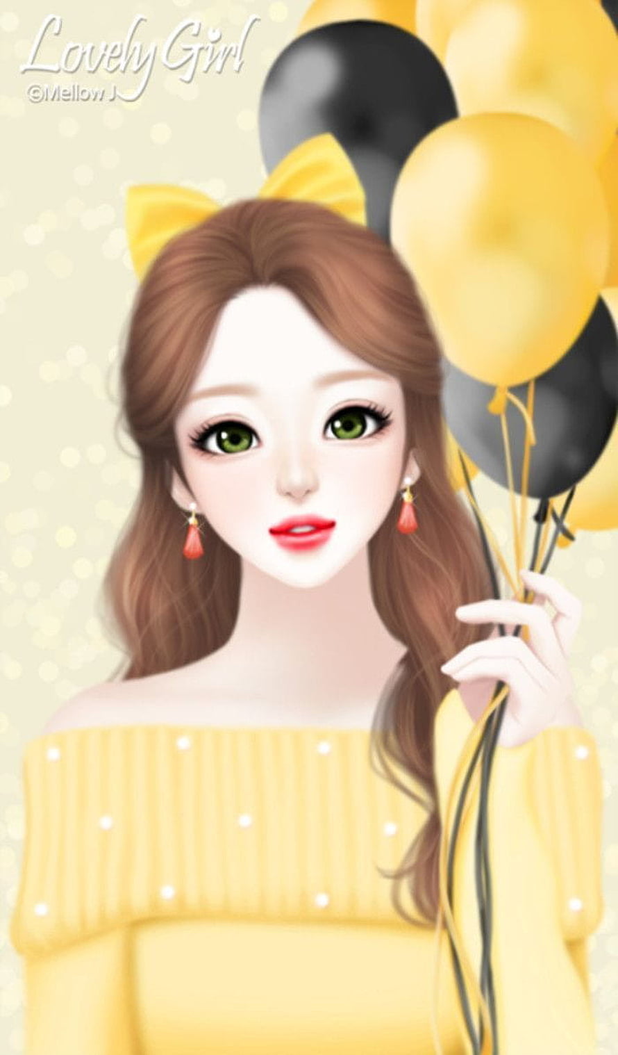 Cute Digital Girl with Yellow Balloons and Bow in Soft Illustration Style HD phone wallpaper