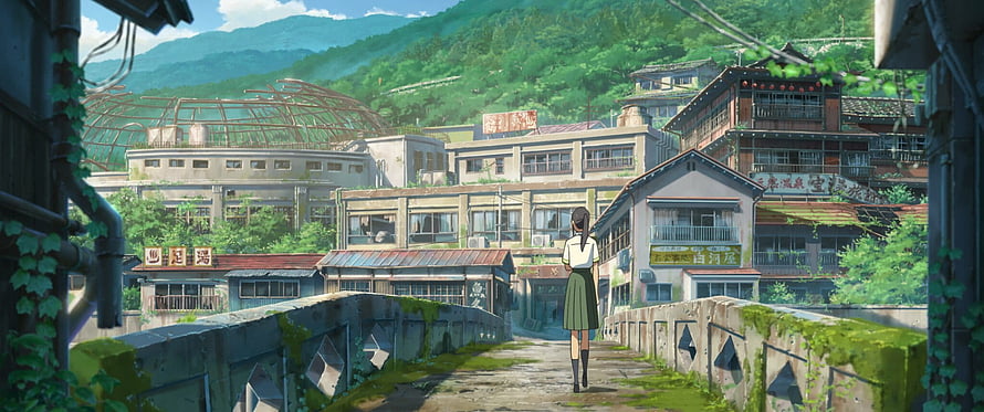 Anime Girl Walking on Bridge in Overgrown Town HD wallpaper