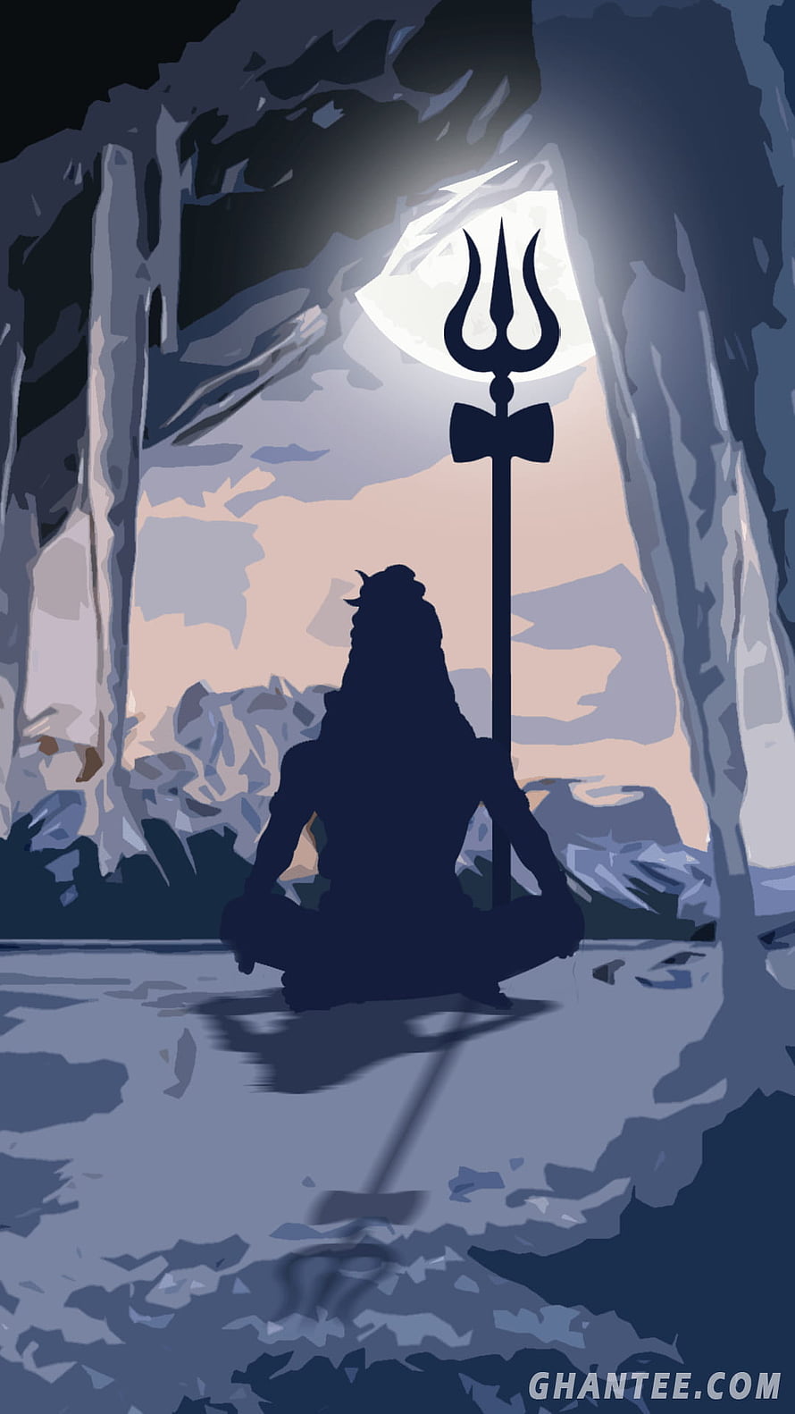 Silhouette of Lord Shiva Meditating in Cave with Trishul and Moon HD phone wallpaper