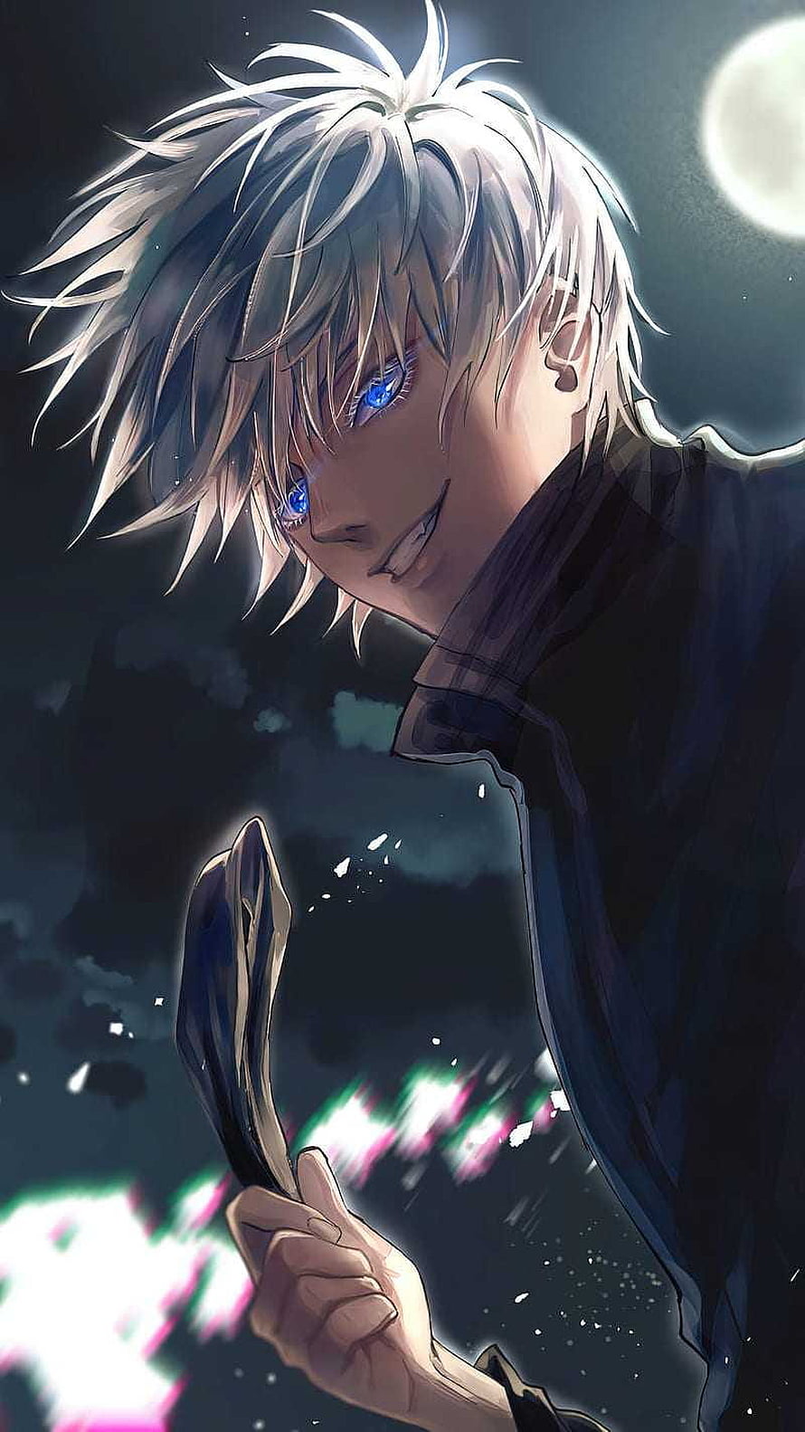 Gojo Satoru from Jujutsu Kaisen anime character with glowing blue eyes and dark uniform HD phone wallpaper