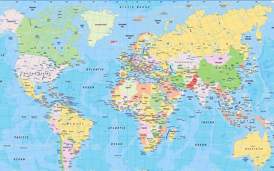 Detailed Political World Map Showing Countries, Oceans, and Continents in Color HD wallpaper