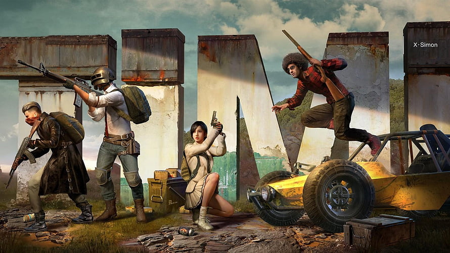 PUBG Mobile Team Deathmatch Character Lineup with Weapons and Buggy in Post-Apocalyptic Setting HD wallpaper