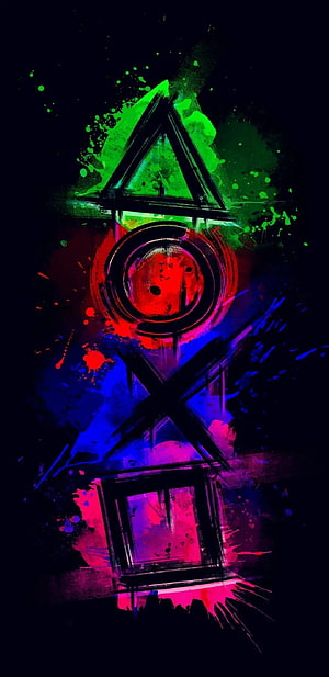 Neon Geometric Shapes with Paint Splatter on Black Background HD phone wallpaper