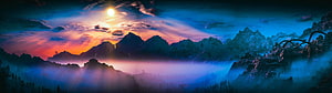 Fantasy Mountain Landscape at Sunset with Misty Valley and Glowing Sun HD wallpaper