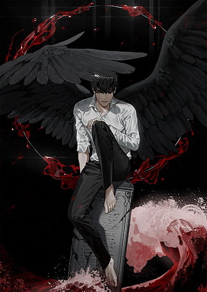 Kim Dokja with Black Wings and Blood Halo in Dark Fantasy Illustration HD phone wallpaper