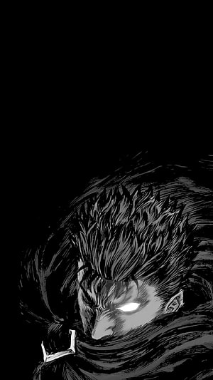 Guts from Berserk manga, dark fantasy warrior with glowing eye and spiky hair, black and white illustration, Guts Discover more anime, Berserk, Black Swordsman, Guts, Manga . https://www.kolpaper/95016/iph…, berserk manga HD phone wallpaper