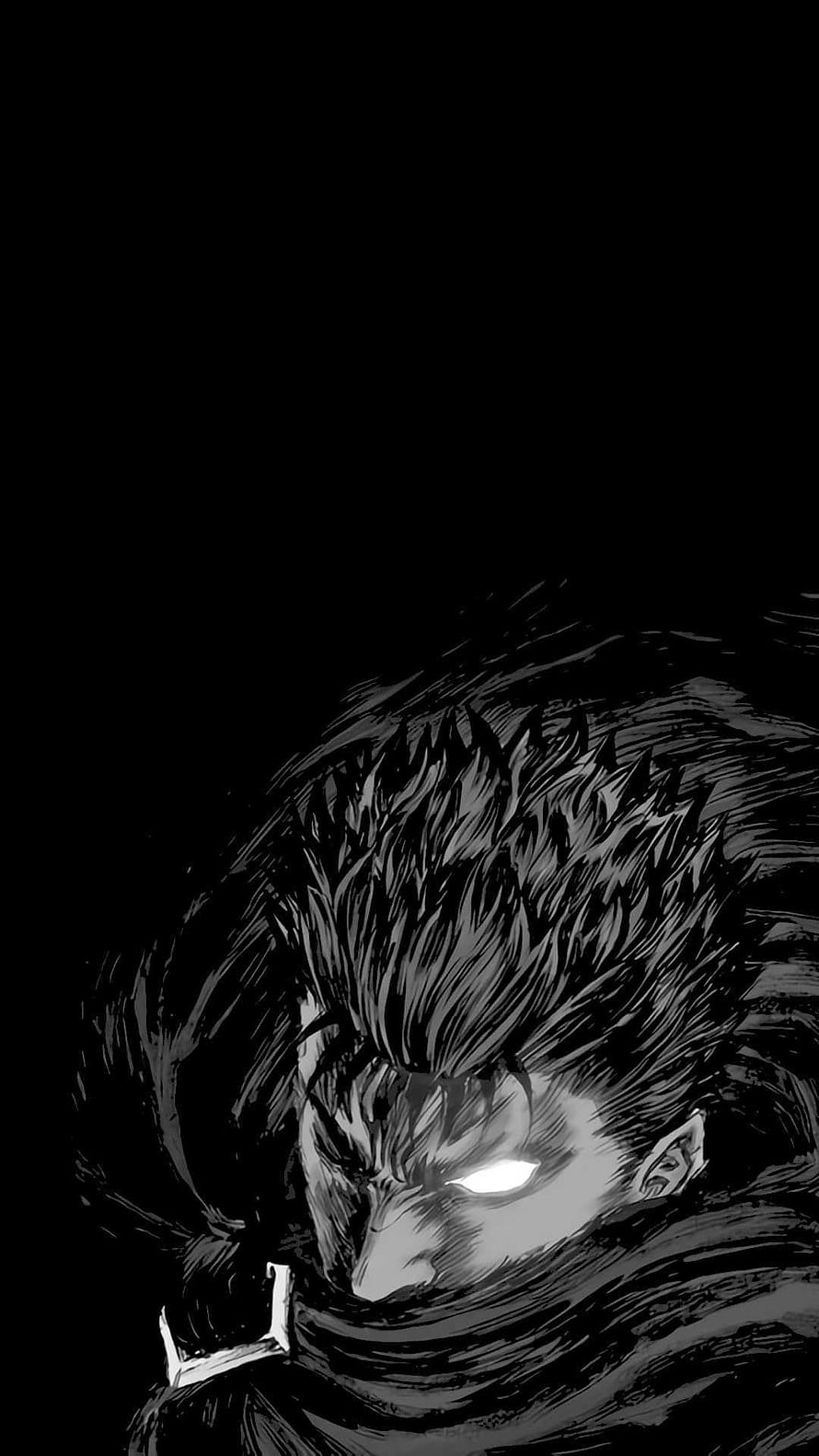 Guts from Berserk manga, dark fantasy warrior with glowing eye and spiky hair, black and white illustration, Guts Discover more anime, Berserk, Black Swordsman, Guts, Manga . https://www.kolpaper/95016/iph…, berserk manga HD phone wallpaper