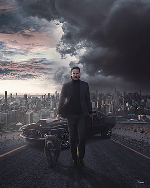 John Wick Walking His Dog on a Highway with a Classic Car Against a Dramatic Sky HD phone wallpaper