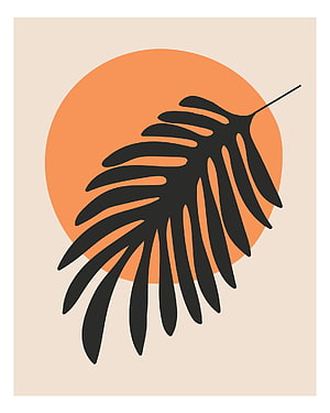 Minimalist Black Palm Frond Silhouette Against Warm Orange Sun Circle HD phone wallpaper