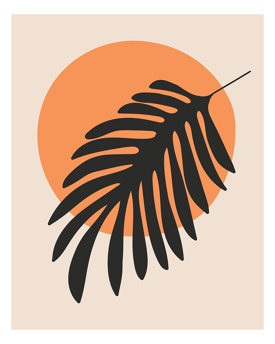 Minimalist Black Palm Frond Silhouette Against Warm Orange Sun Circle HD phone wallpaper