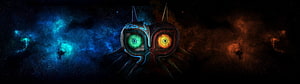 Mystical Dual-Eyed Mask with Glowing Green and Orange Eyes Against Cosmic Nebula Background HD wallpaper