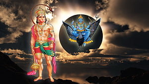 Hindu mythology art featuring Hanuman and Lord Shiva on a vulture against a dramatic sunset sky, Shani Dev Hanuman Ji, #shani dev HD wallpaper