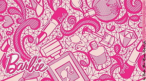 Barbie Pink Pattern Wallpaper Featuring Makeup Tools and Brand Logo HD wallpaper