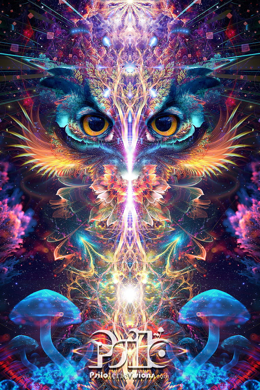 Psychedelic Owl Face with Glowing Mushrooms and Fractal Sacred Geometry in Vibrant Cosmic Colors HD phone wallpaper