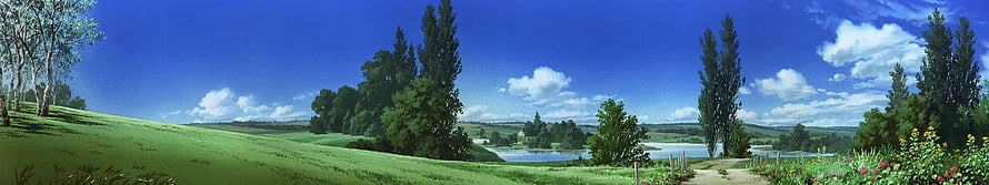 Panoramic Countryside Landscape with Rolling Green Hills, Lake, and Tall Trees Under a Blue Sky HD wallpaper