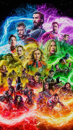 Marvel Avengers Endgame Ensemble Cast Poster with Rainbow Energy Swirls HD phone wallpaper