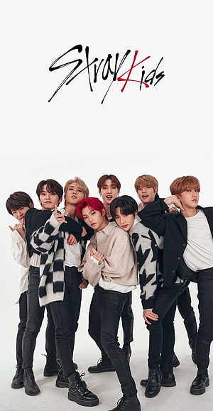 Stray Kids Group Portrait in Black and White Fashion Against White Studio Background HD phone wallpaper