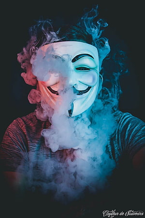 Anonymous Guy Fawkes Mask Portrait With Neon Smoke And Vapor HD phone wallpaper