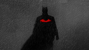 Batman Silhouette in Heavy Rain with Glowing Red Emblem, the batman 2022 robert pattinson, robert pattinson, batman HD wallpaper