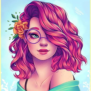 Digital Illustration of a Girl with Pink Hair, Glasses, and a Flower HD phone wallpaper