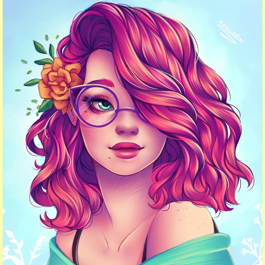 Digital Illustration of a Girl with Pink Hair, Glasses, and a Flower HD phone wallpaper