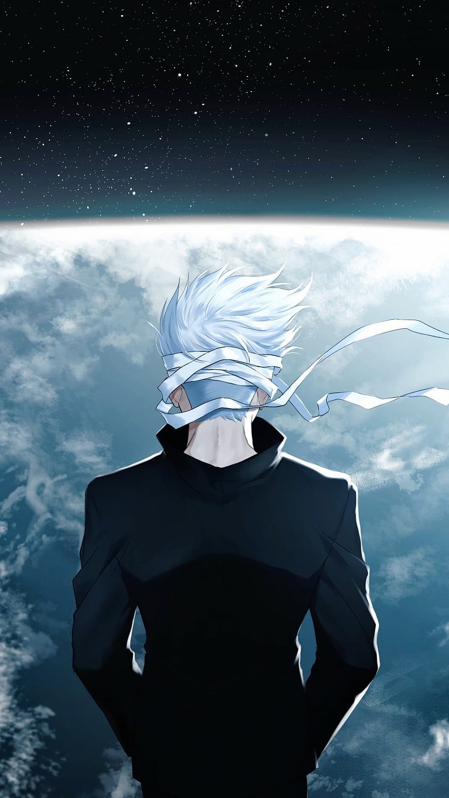 Satoru Gojo from Jujutsu Kaisen Standing Blindfolded Against a Starry Sky HD phone wallpaper