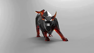Low Poly Crystal Bull Sculpture with Dark Faceted Body and Red Glass Legs on Gray Background HD wallpaper