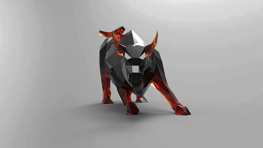 Low Poly Crystal Bull Sculpture with Dark Faceted Body and Red Glass Legs on Gray Background HD wallpaper