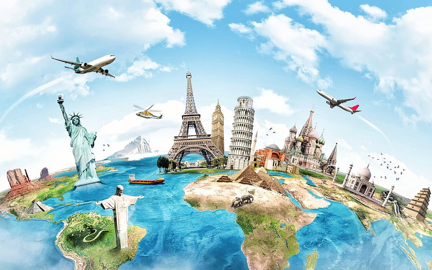 Global Travel Collage Featuring World Landmarks, Airplanes, and Continents HD wallpaper