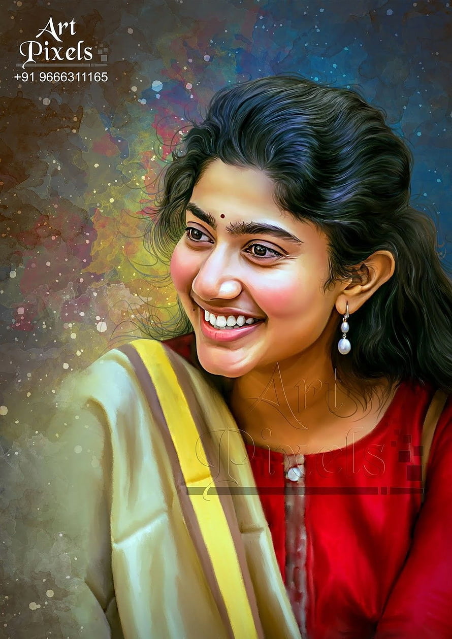 Sai Pallavi Digital Portrait in Traditional Red Attire with Pearl Earrings HD phone wallpaper