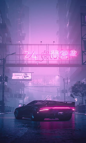 Neon-lit futuristic sports car parked on a wet city street at night under glowing pink signs HD phone wallpaper