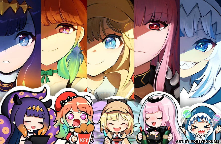 Hololive Myth and Council Members in Anime Portrait and Chibi Sticker Art HD wallpaper