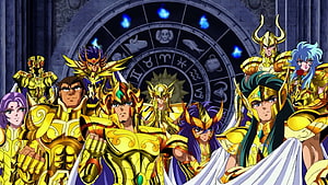 Saint Seiya Gold Saints in Full Armor Before the Zodiac Wheel HD wallpaper