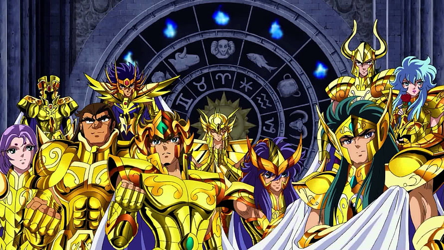 Saint Seiya Gold Saints in Full Armor Before the Zodiac Wheel HD wallpaper