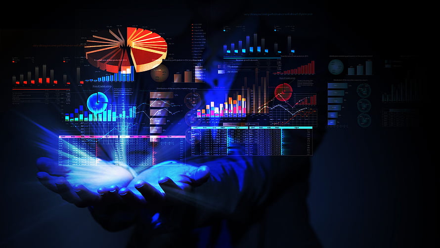 Data Scientist Holding Glowing Holographic Analytics Dashboard in Dark Blue Light HD wallpaper